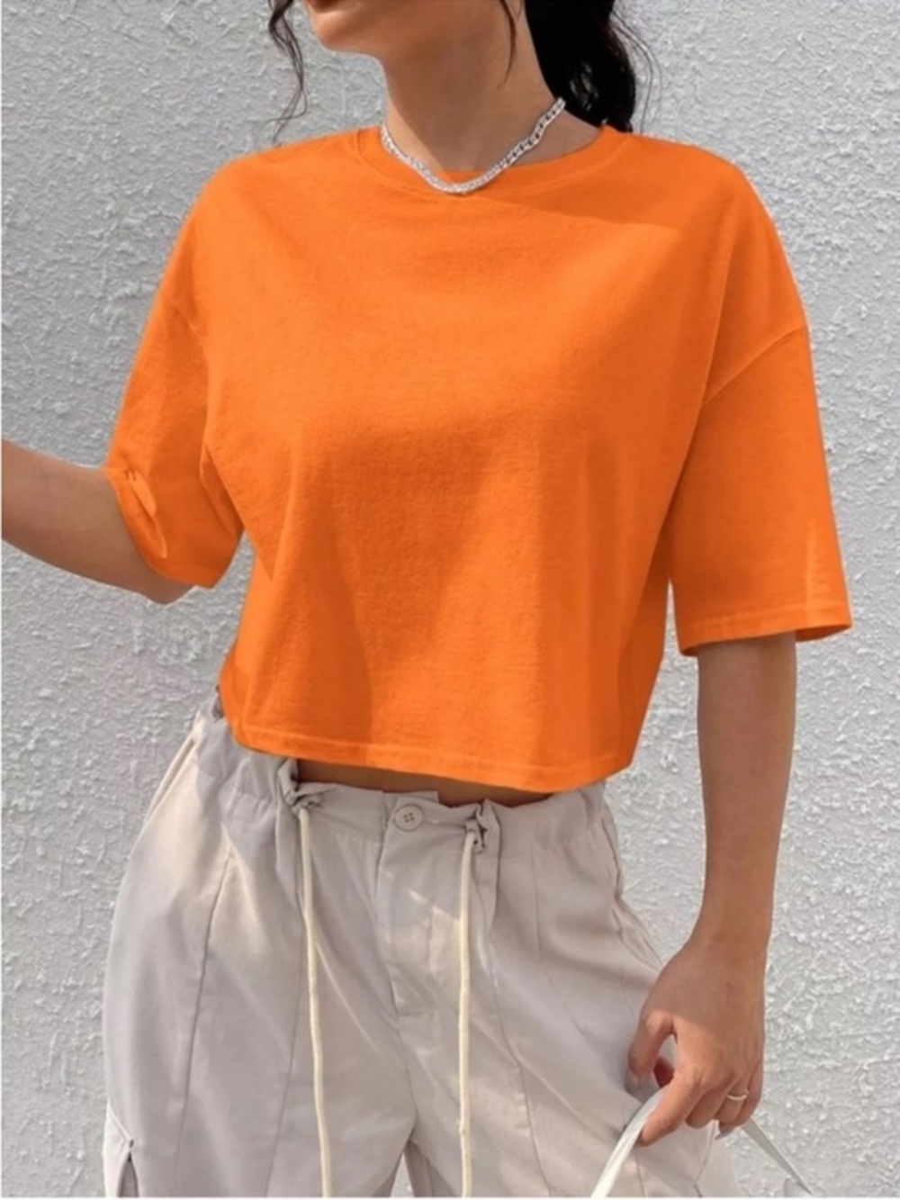 New H&M Orange Crewneck Cropped T-Shirt Size Small Cotton - Picture 10 of 12